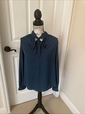 Timing Teal Tie-Neck Long Sleeve Blouse